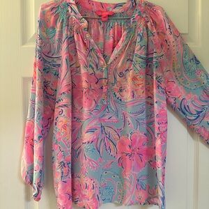 Lilly Pulitzer Vibrant Pink and Blue Floral Blouse